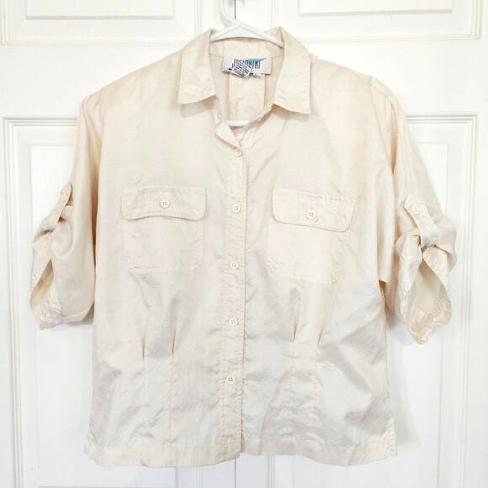 Josephine Petites Vintage 80s Button Down Shirt 8 Pockets Safari Ivory Office